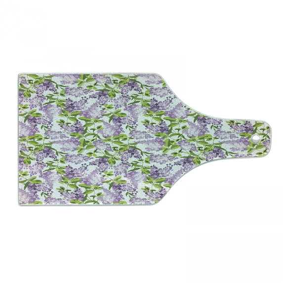 Mauve Cutting Board, Spring Tree with Vibrant Blossoms Frangrance Botany Plant Eco Illustration Print, Tempered Glass Cutting and Serving Board, Wine Bottle Shape, Lilac Green, by Ambesonne