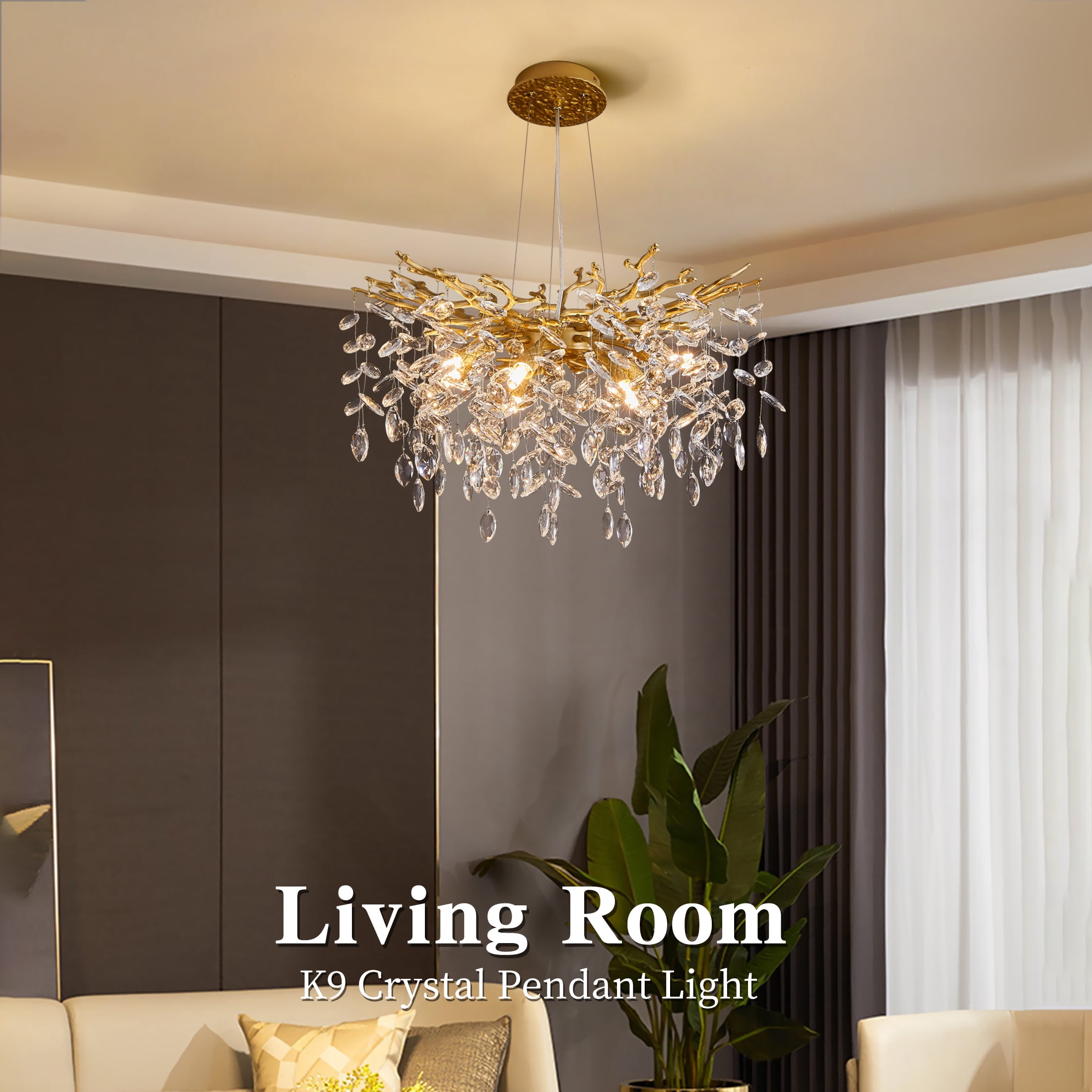Modern Tree Branch Crystal Chandelier Luxury Gold Crystal Pendant Lighting 23.6" Contemporary 8-Light Chandeliers for Dining Room Kitchen Bedroom Living Room