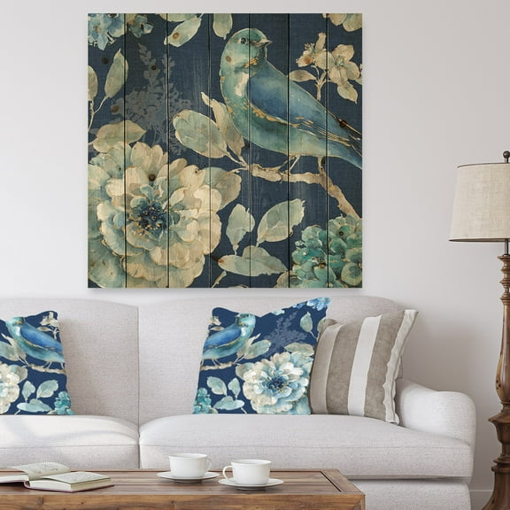 Designart 'Indigold Bird Cottage Family III' Farmhouse Print on Natural Pine Wood