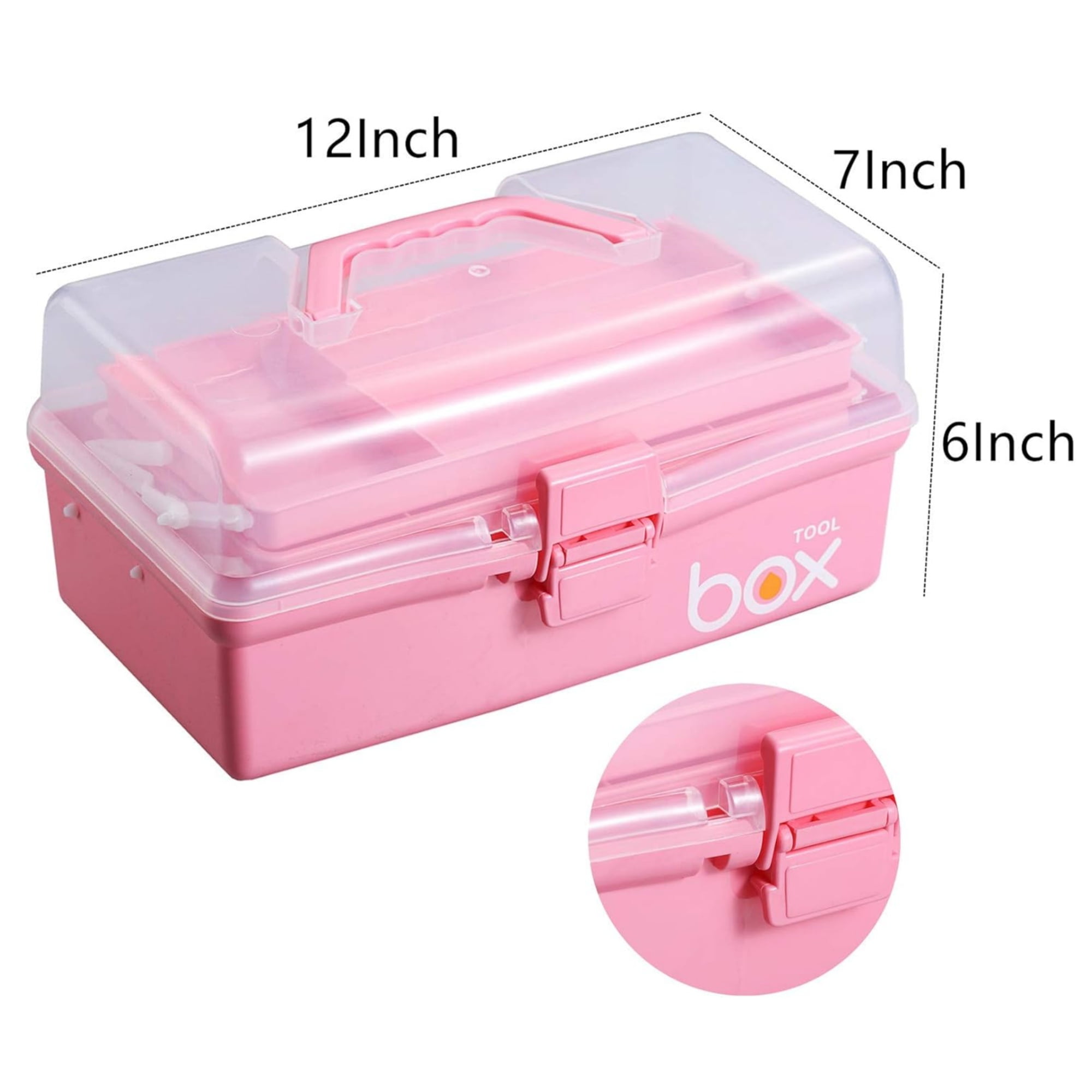 Kinsorcai 2PCS 12'' Three-Layer Clear Plastic Storage Box/Tool Box, Multipurpose Organizer and Portable Handled Storage Case for Art Craft and Cosmetic (Pink)