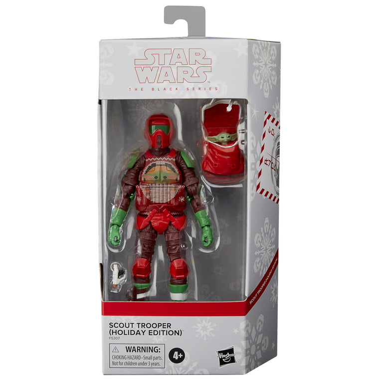 Star Wars The Black Series Scout Trooper (Holiday Edition) Action Figure and Grogu in Holiday-Themed Bag