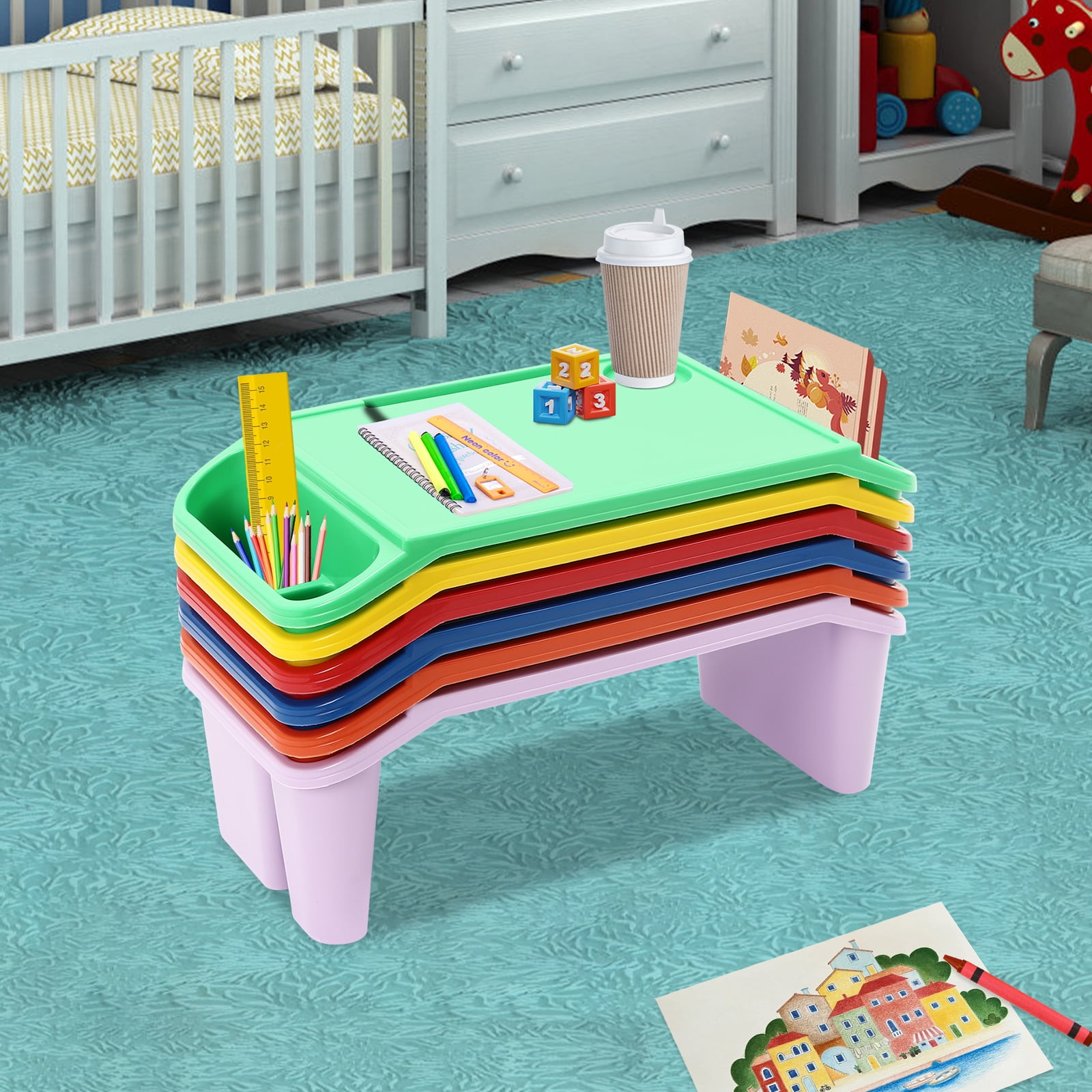 Peakora 6PCS Kids Lap Desk Tray, Portable Lap Desks with Side Pockets, Plastic Breakfast Lap Desk Trays for Writing Eating Game Classroom