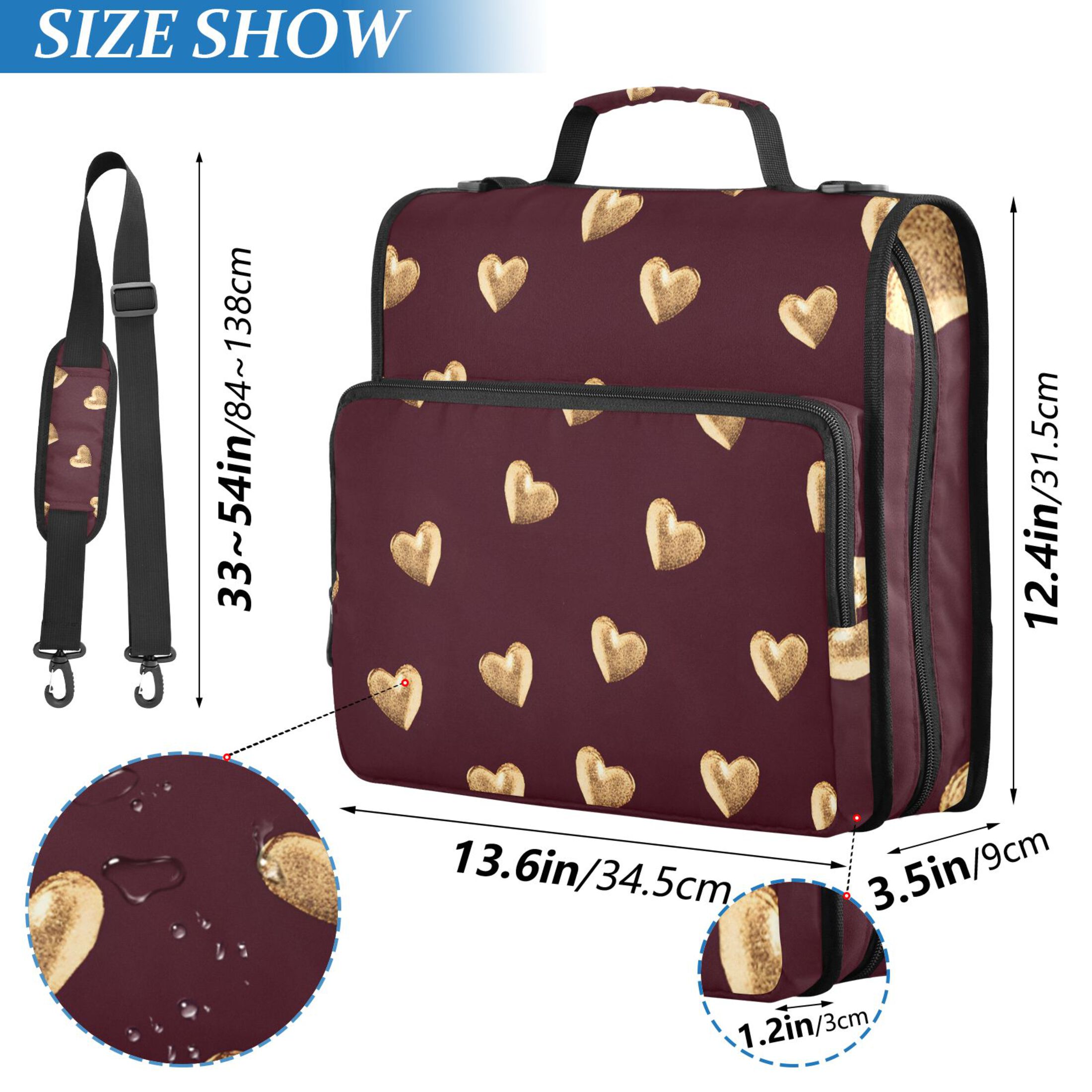 ALAZA Zipper Binder Valentines Golden Hearts 3 Ring Trapper Keeper File Folder Organizer Bag