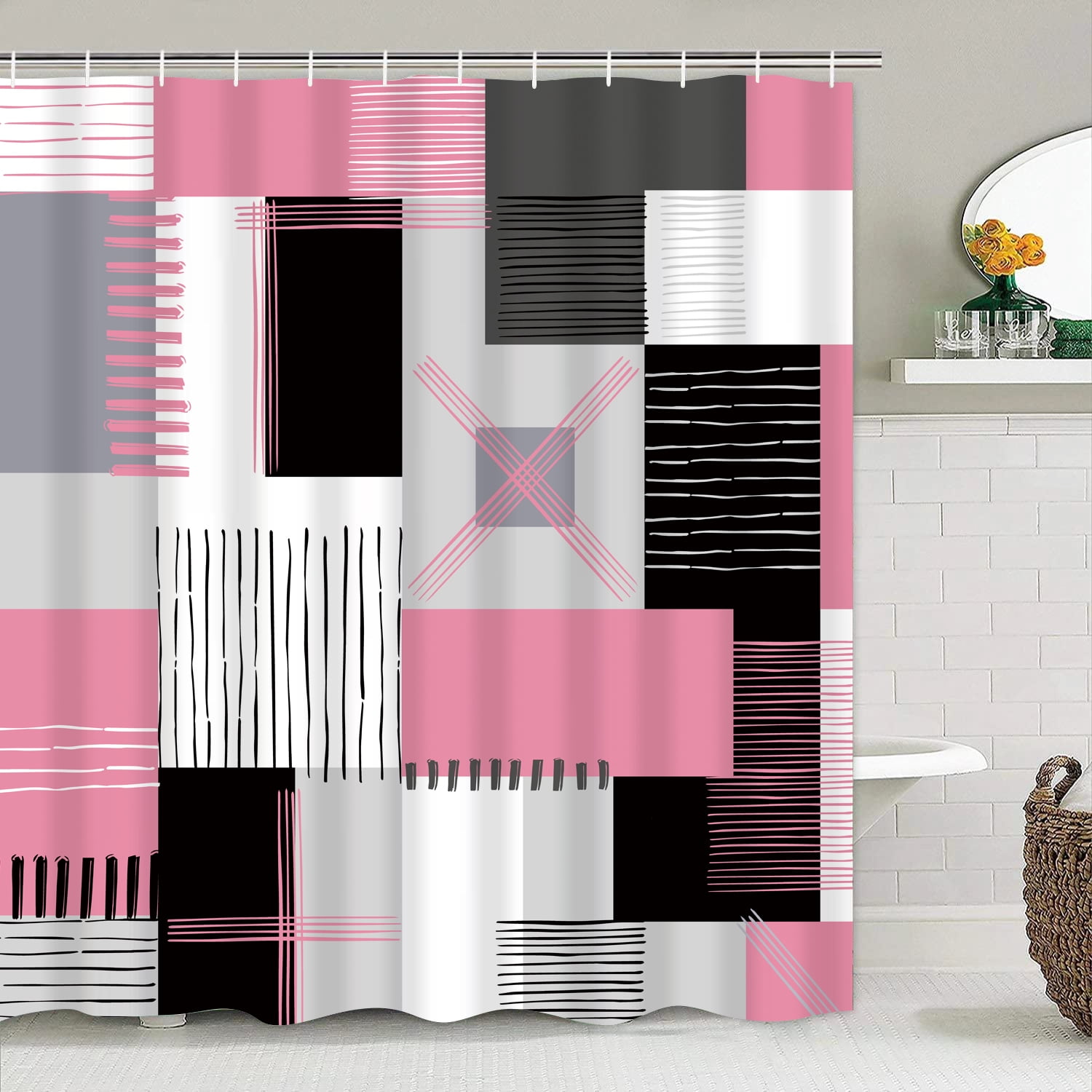 All Smiles 4-Piece Bathroom Sets Shower Curtain Set with Non-Slip Rug and Toilet Lid Cover,Pink