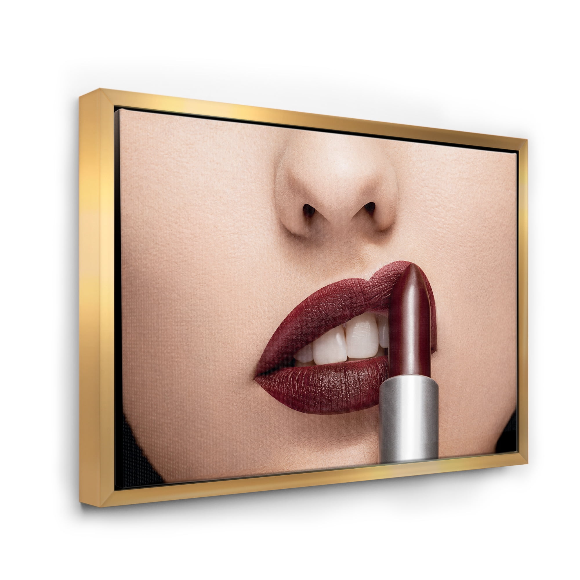 Designart 'Woman Applying Red Lipstick On Lips II' Modern Framed Canvas Wall Art Print