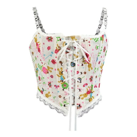 

Odeerbi Rollback Corset Top for Women Shapewear Bodyshaper Tummy Control Waist Trainer Casual Erogenous Eyelet Lace-up Floral Print Fishbone Court Vintage Straps Beige