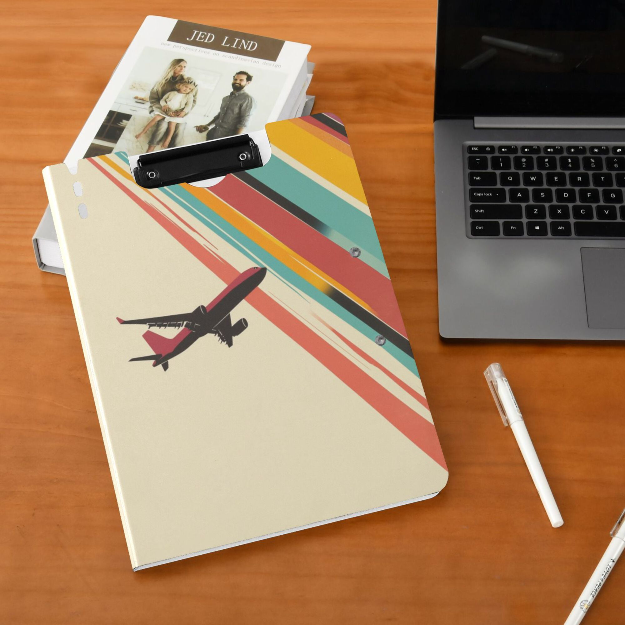 FORMRS A4 Clipboard Folder with Pen Holder Horizontal Foldable School Office Binder, Colorful Plane Stripes