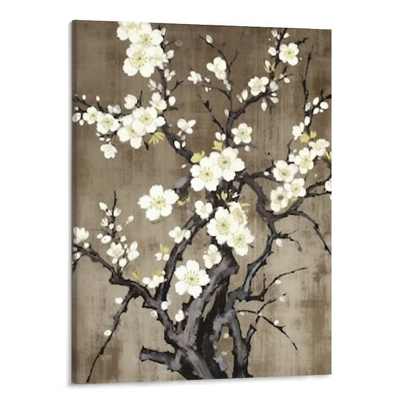 Creowell Flower Wall Art White Plum Blossom Canvas Picture Print Vintage Brown Paintings Elegant Floral Prints Artwork for Bathroom Kitchen Modern Country Home Wall Decoration (16X20 inches)