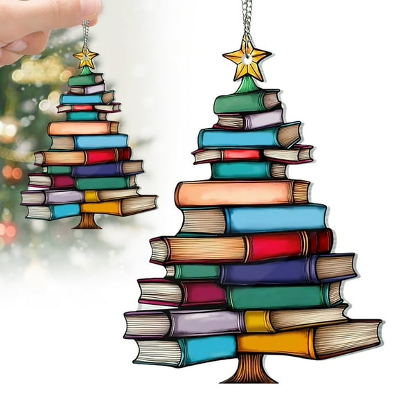 Christmas Book Tree 2025, Cute Hanging Xmas Window Sun Catcher Decoration, Indoor Christmas Decor for Book Lovers & Librarians 1#