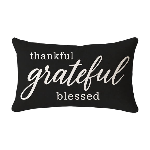 Thankful Grateful Blessed Lumbar Throw Pillow Cover 19x12 In, Black Linen Fall Thanksgiving Rectangular Decorative Cushion Case with Hidden Zipper for Sofa Porch Bench Home Autumn Decor