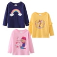 thumbnail image 4 of HILEELANG Girls Long Sleeve Graphic T-Shirts, 3-Pack Soft Cotton Crewneck Tees with Girl, Rainbow and Unicorn Prints, Pink Navy Yellow Sizes 2T-12, 4 of 6