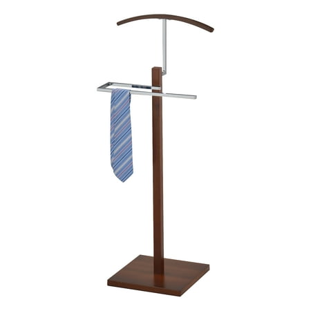 Mens Valet Stand Eada Walnut Wood & Chrome Metal Modern Cloth, Coat, Suit & Hat Valet Stand Organizer Rack ()