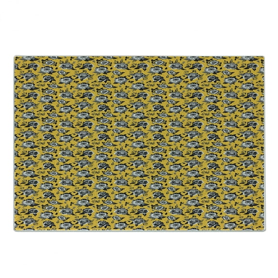 Floral Cutting Board, Leafy Blossoming Flowers in Greyscale Tones Garden Art, Decorative Tempered Glass Cutting and Serving Board, in 3 Sizes, by Ambesonne