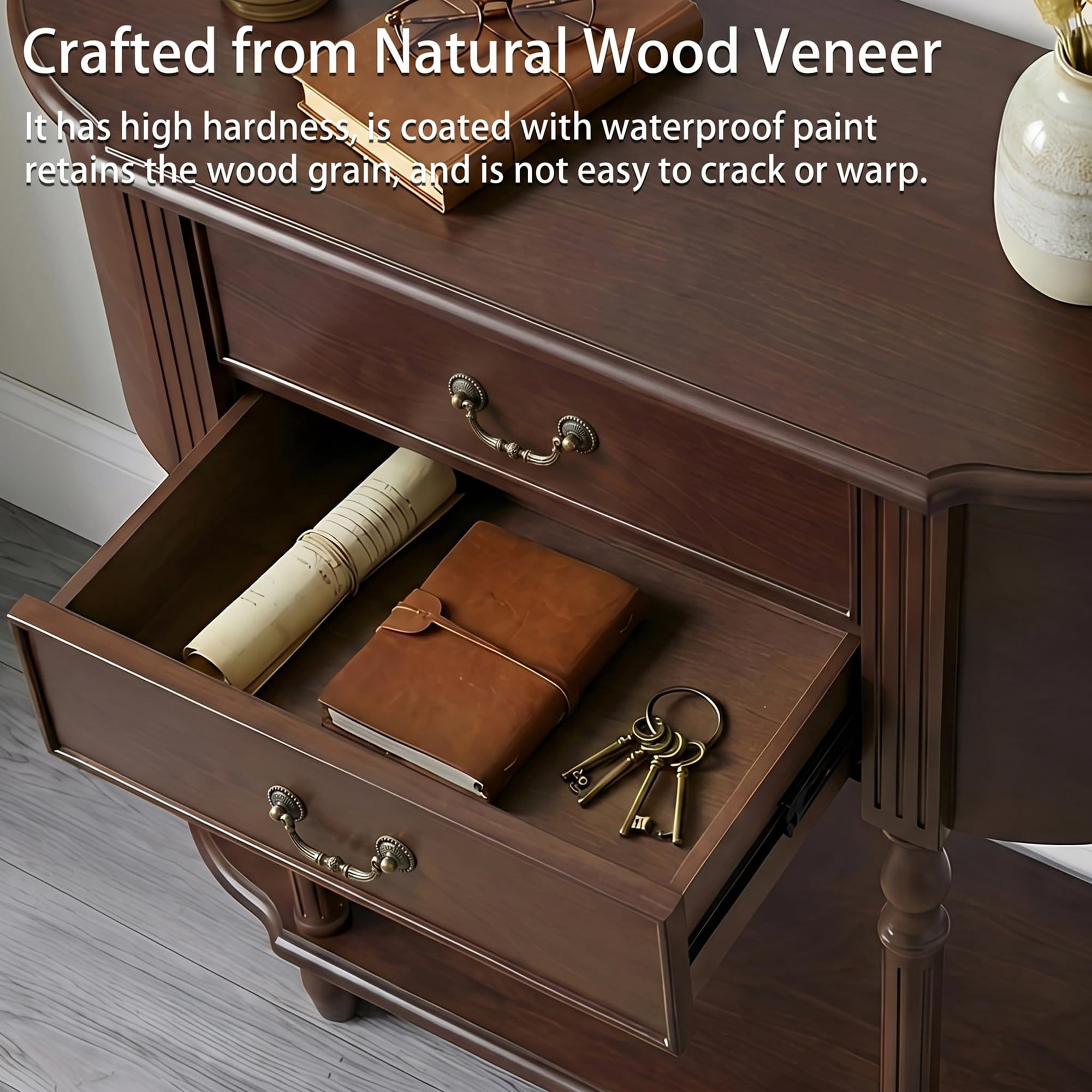 LKTART 43" Curved Console Table with 2 Drawers and Open Shelf, Solid Wood Legs Half Moon Sofa Table for Entryway & Hallway, Walnut Finish
