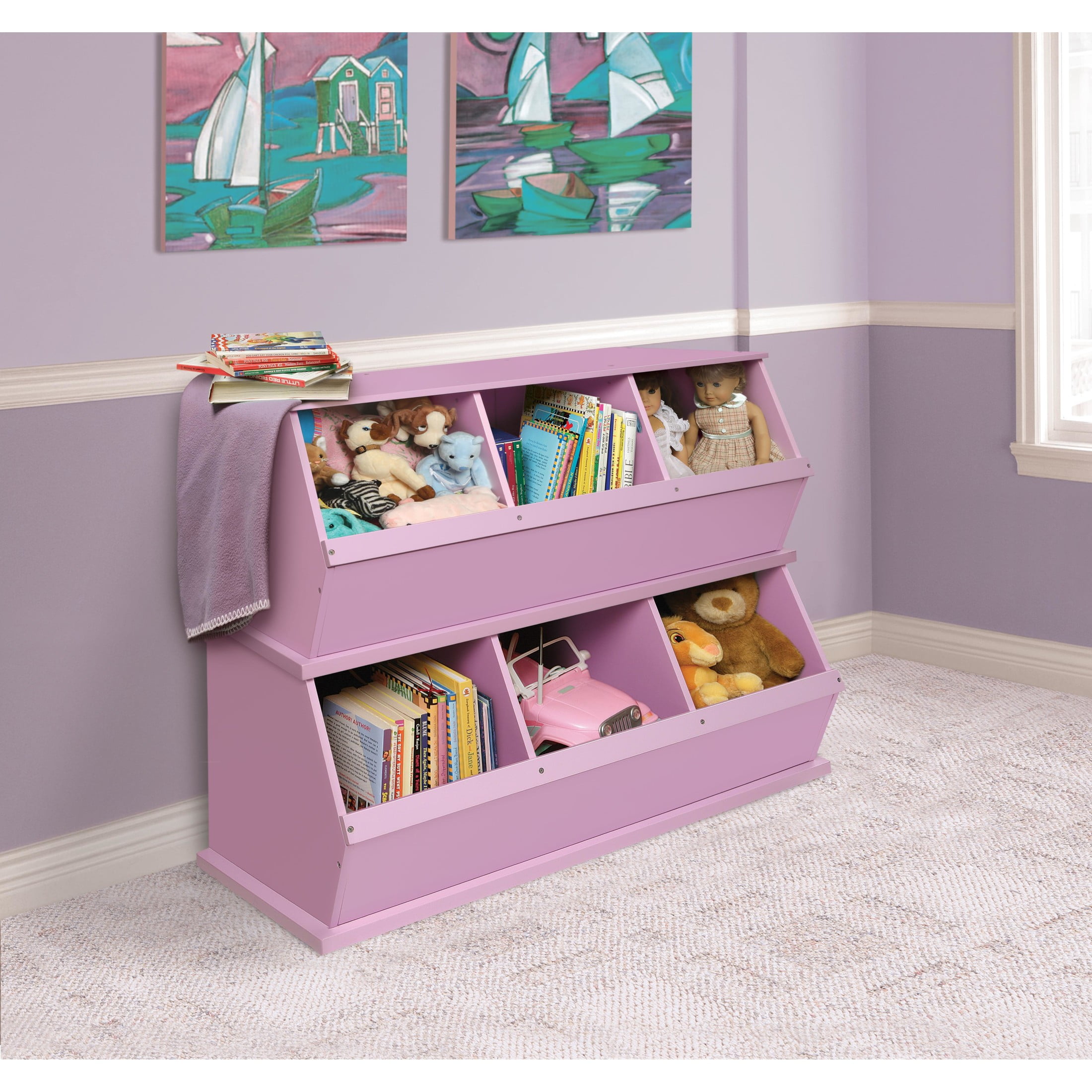 Badger Basket Children's Wood 3-Bin 33 gal Toy Storage Cube, Lilac