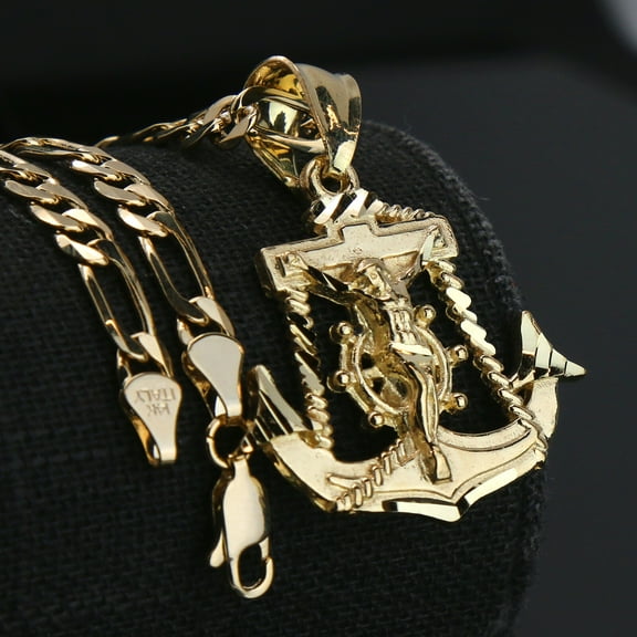 AAA  Brass Jesus Anchor 14k Gold Plated Religious Pendant & 5mm 24" 14K Stamped Figaro Necklace Chain