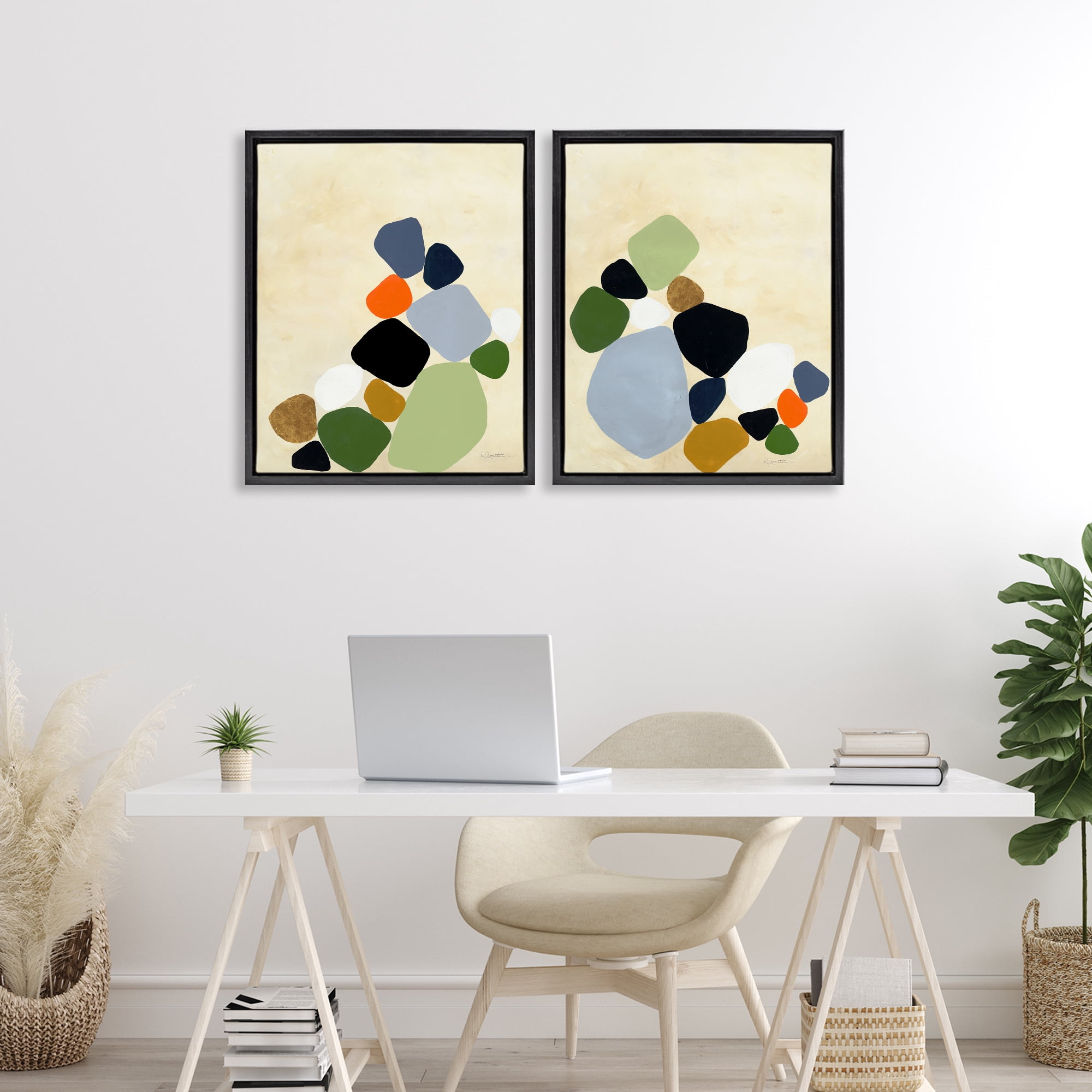 Stupell Industries Curved Clusters of Pebbles 2 Piece Black Framed Floater Canvas Set, design by Ruth Fromstein