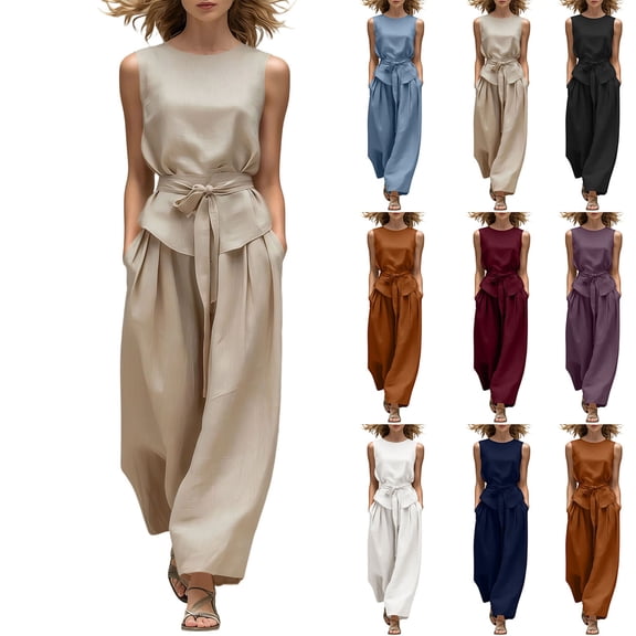 Idoravan Women Summer 2 Piece Outfits Wide Leg Pants Set Vacation Travel Airport Outfits Women’S Fashion Solid-Color Round Neck Strap Sleeveless Shirts Pocket Pants Sets