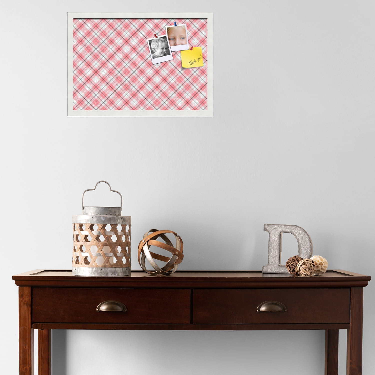 PinPix ArtToFrames 20x13 Custom Cork Bulletin Board Argyle Light Pink   Poster Board Has a Fabric Style Canvas Finish, Framed in Satin White Frame (PinPix-649)