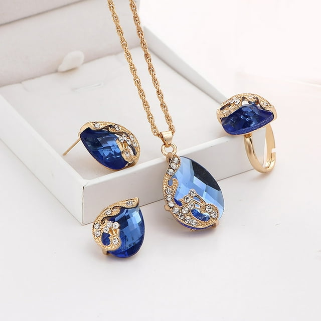 Fiudx Conjunto de Tres Piezas de Collar y Pendientes con Forma de Pavo Real y Gotas de Agua con Diamantes para Mujer