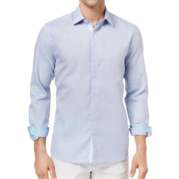 Ryan Seacrest Mens Heather Sport Button Up Shirt, Blue, Small
