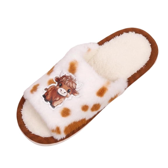 Gpaecead Women's Highland Cow Plush Slippers Open Toe Faux Fur House Shoes With Non Slip Sole For Cozy Comfort, Orange