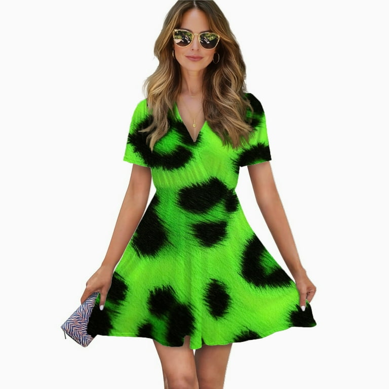 Neon Green Leopard Print Women Dress V-Neck Short Sleeve Flowy Swing Party  Midi Dress - Walmart.com