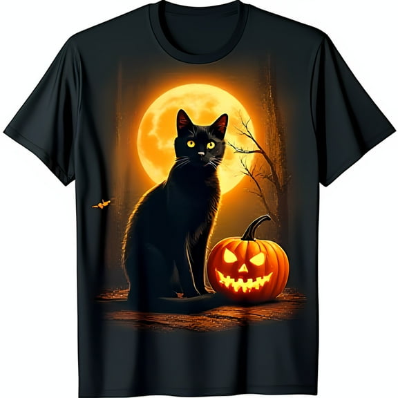 Black Cat & o Halloween T-Shirt Spooky Full Moon Design