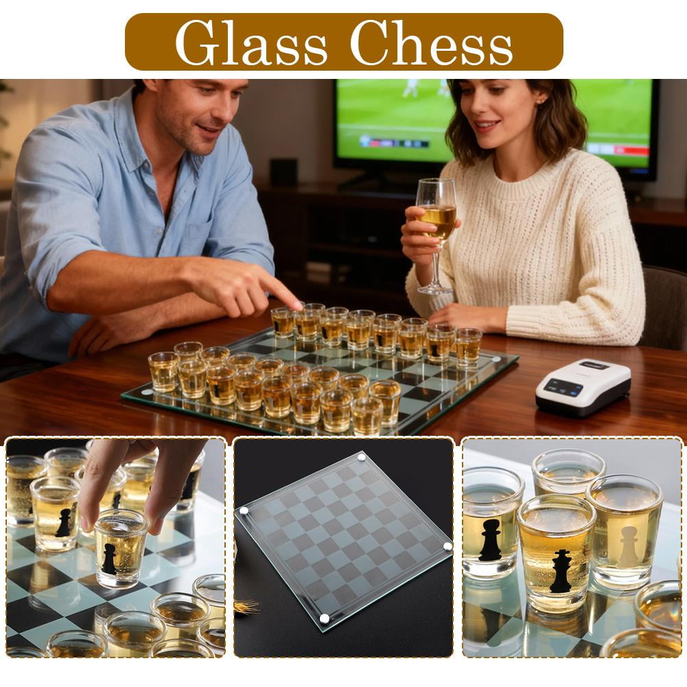 Glass Chess Set with 32 Shot Glasses for Adult Drinking Game and Home Decor