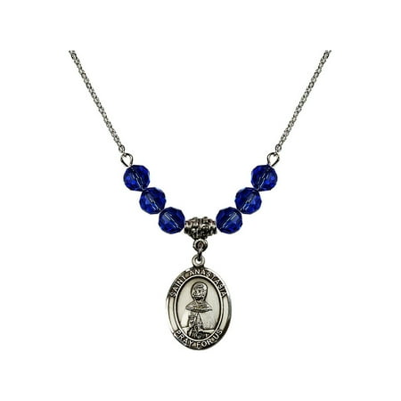 - 18-Inch Rhodium Plated Necklace with 6mm Blue September Birth Month Stone Beads and Saint Anastasia Charm