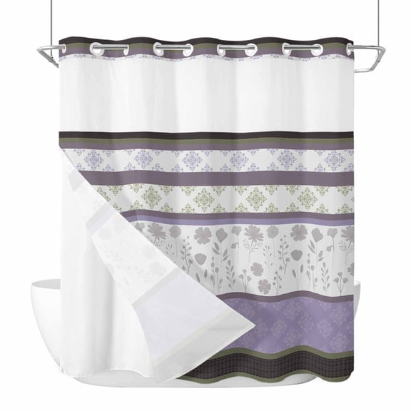 No Hook Purple Geometric Shower Curtain with Snap in Liner Set, Stripes Boho Spring Flowers Country Rural Waterproof Bathroom Curtains with See Through Top Window, Hotel Style Standard 72 x 72 Inch