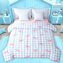 Homewish Kawaii Bow Tie 7-Piece Twin Bedding Sets,Retro Bowknot Ribbon Bedding Comforter Set,Blue Classic Geometric Check Sheet Sets For Girls Kids,Luxury Bedroom Decor Reversible