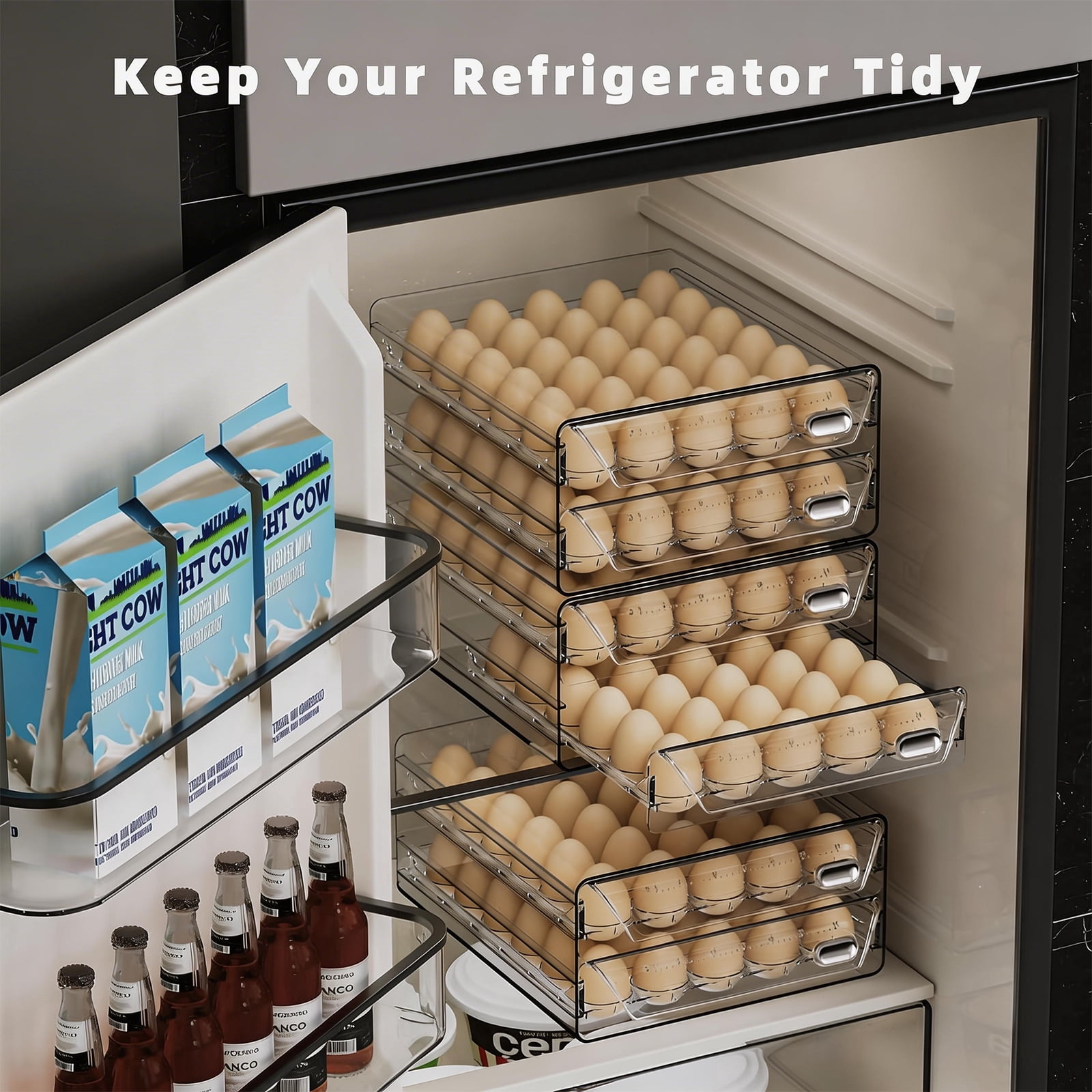 HIYOHIYO 2-Layer  Clear Stackable Fridge Egg Holder, Large Capacity Storage Tray Holds 40 Eggs, 9.8"×8.5"×5.5"