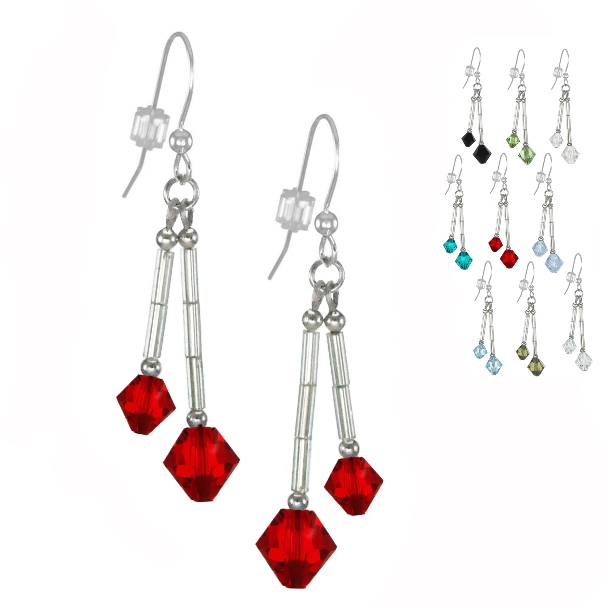 One Pair Austrian Crystal Bicone And Glass Dangle Earrings With Sterling Silver Earwires Red 4477