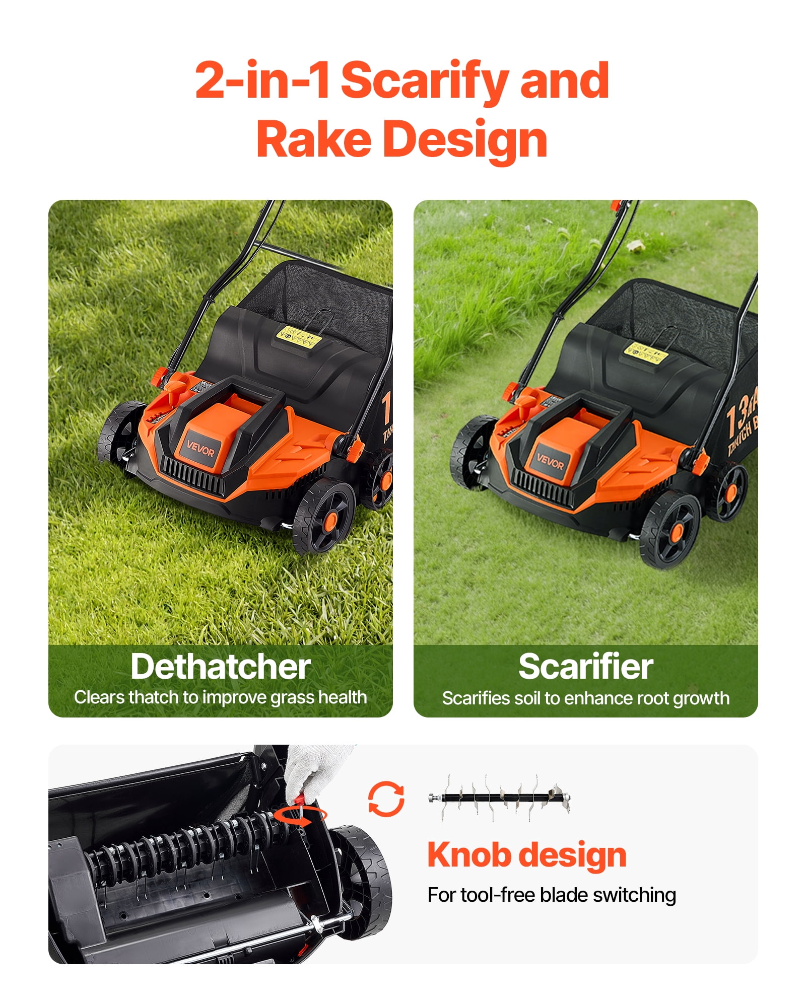 VEVOR 2-in-1 Electric Dethatcher and Scarifier, 13-Inch 13 Amp, Corded Lawn Dethatcher with 13-Gallon Thatch Collection Bag, 5-Position Depth Adjustment, Walk Behind Machine for Garden Yard Grass