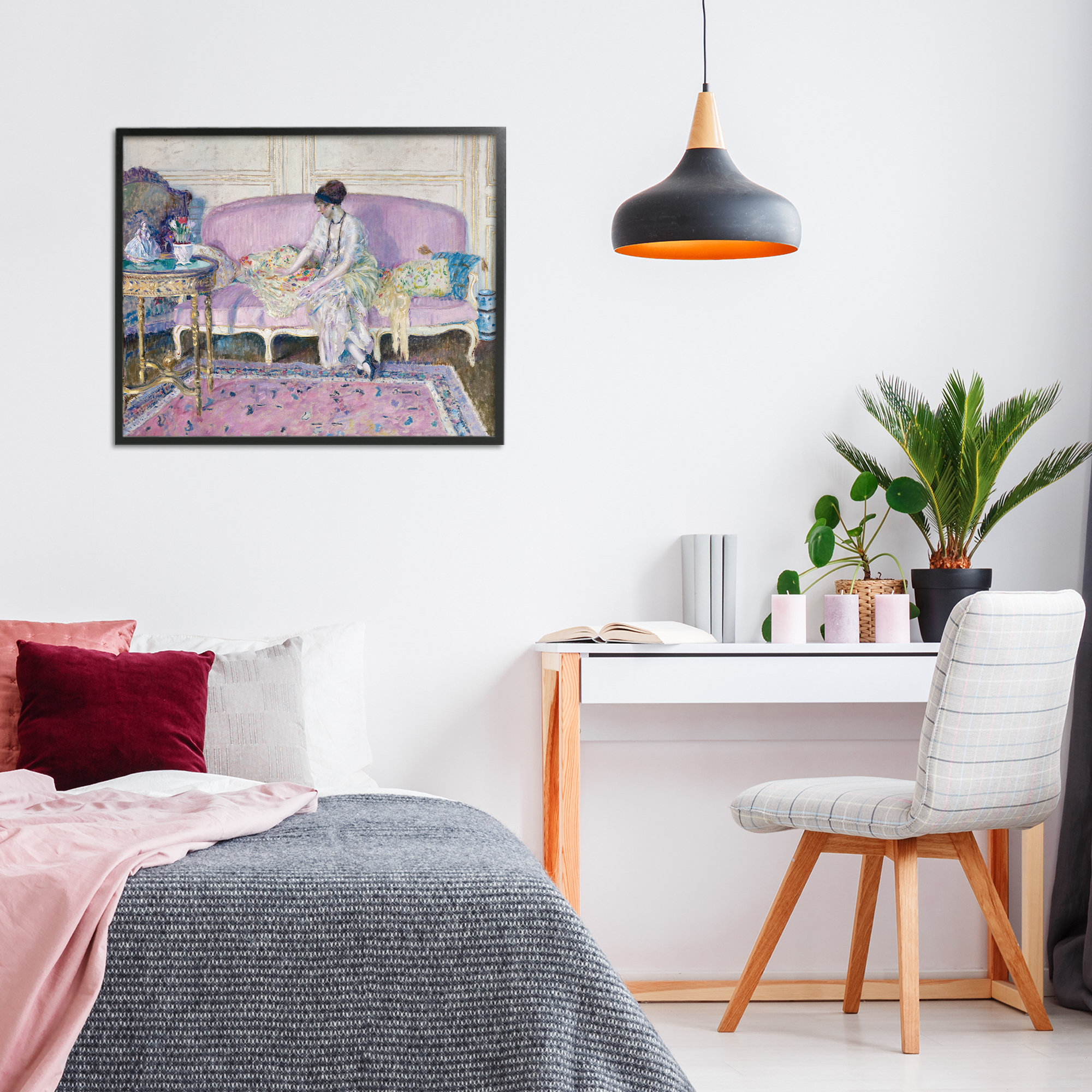 Woman Seated on Sofa Black Framed Giclee Art, design by Wild Apple Portfolio