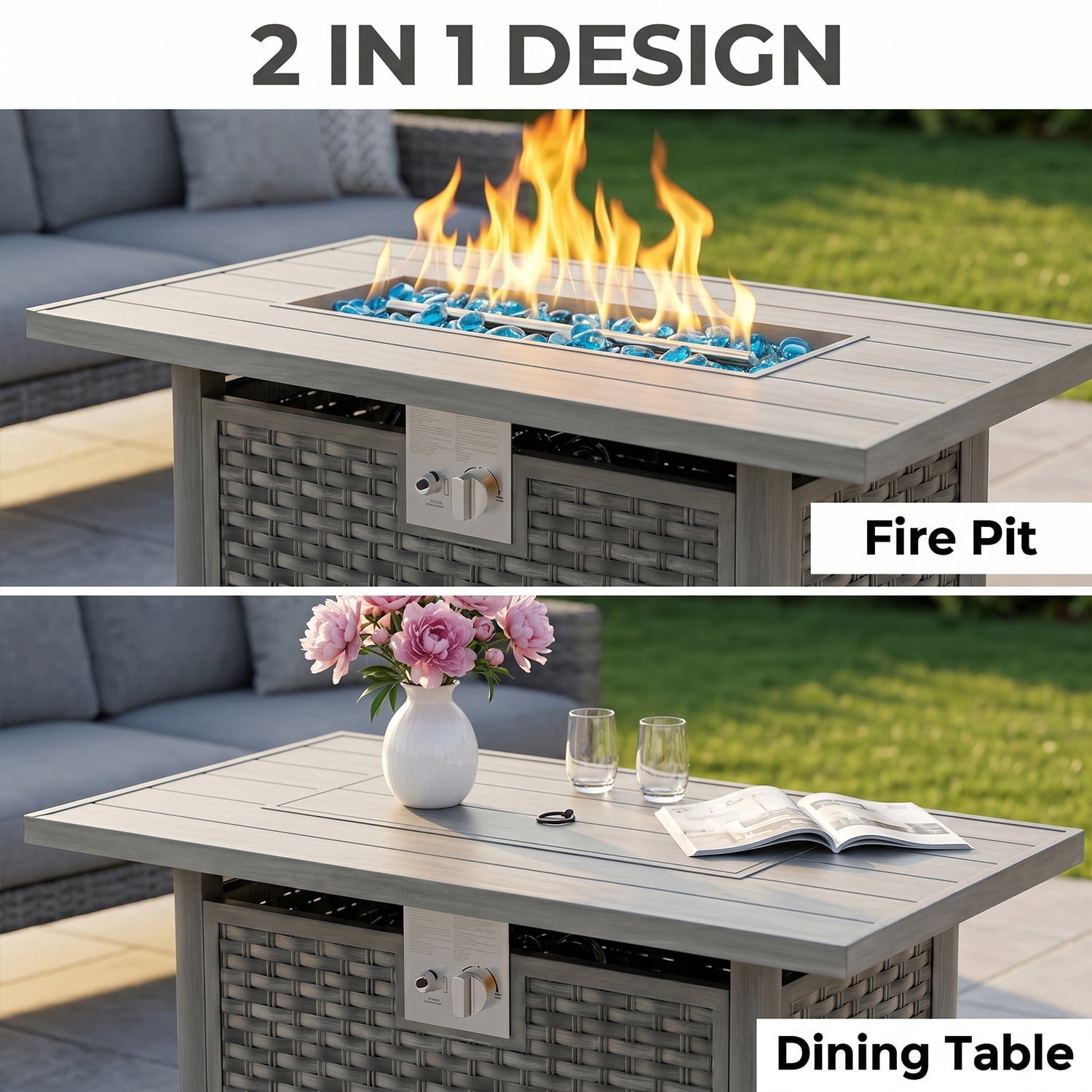 Vornel 43" Rectangular Propane Fire Pit Table for Outdoor Patio, 50,000 BTU 2-in-1 Gas Firepit Gray Heavy Duty Fire Table for Backyard Deck Garden