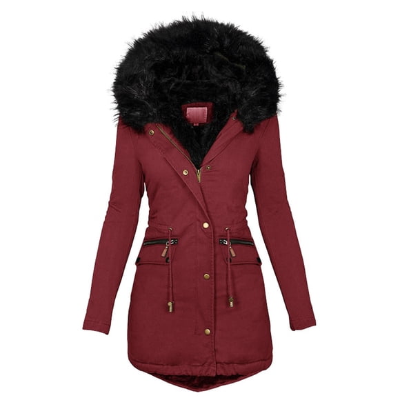 DondPO Women's Winter Coats Women Plus Size Winter Coat Lapel Collar Long Sleeve Jacket Thicken Coat Jacket Warm Hooded Thick Padded Jackets Parkas for Women Snow Coats for Women Red M Clearance!