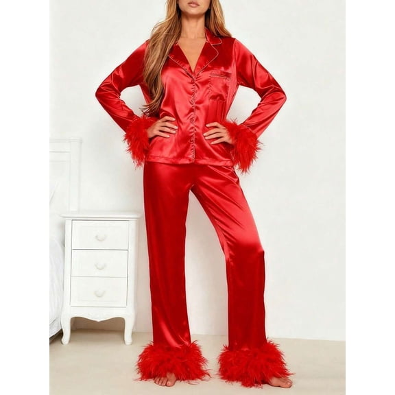 Red 2-Piece Satin Lounge Set With Feather Trim Long Sleeve Button-Up Shirt And Wide-Leg Pants