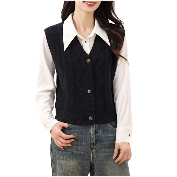 successthop Wool Sweater Vests for Women Sleeveless V Neck Tops Button Up Cable Knitwear Ribbed Cuff Fall Casual Clothes