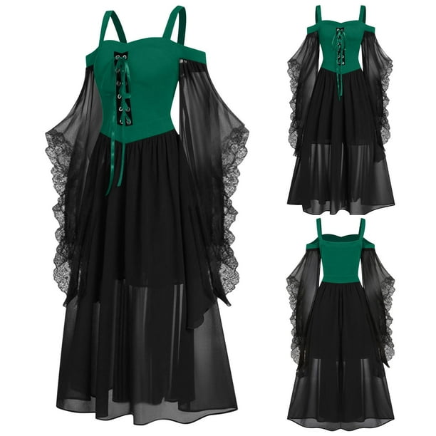 mfyjkho Vestidos de tallas grandes, Vestido gótico de Halloween para mujer, con tirantes, hombros descubiertos y encaje de malla y retazos Vestidos para invitadas de boda para mujer m