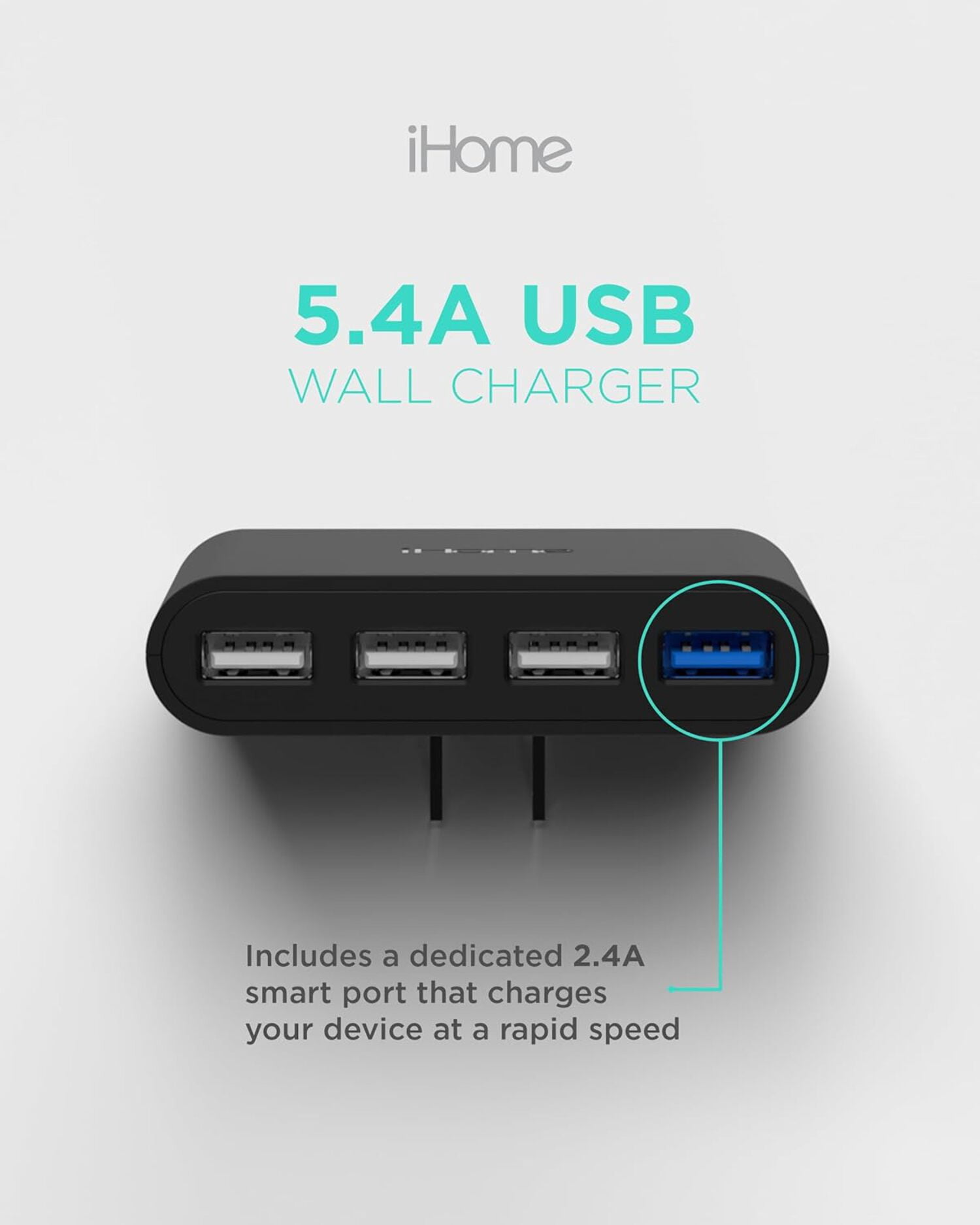 iHome Slim 4-Port USB Wall Charger, AC Pro Multiport Plug Adapter, Phone Charging Block with 4 Ports, Flat USB Wall Adapter for Home  Travel