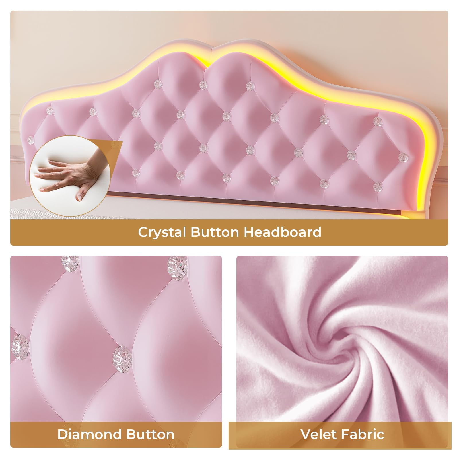Afuhokles Twin Size Bed Frame with LED Lights, Upholstered Platform Bed, Pink