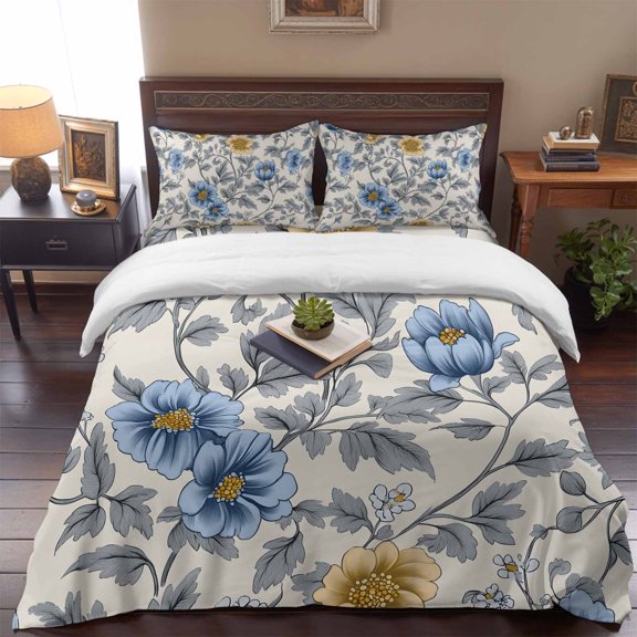 Blue Yellow Floral 4 Piece Bedding Set, Vintage Plant Queen Size Duvet Cover Set with Zipper Closure & Corner Ties Soft Breathable Comforter Cover for Bedroom
