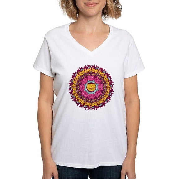 CafePress - Mandala Cats T Shirt - Womens Cotton V-Neck T-shirt