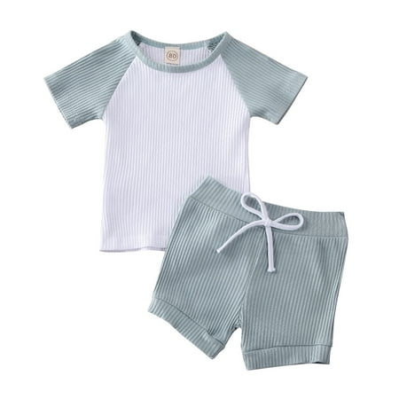 

Suanret Toddler Baby Girls Boys Clothes Ribbed Short Sleeve Tops T-Shirt Drawstring Shorts Summer Outfits Blue 3-4 Years