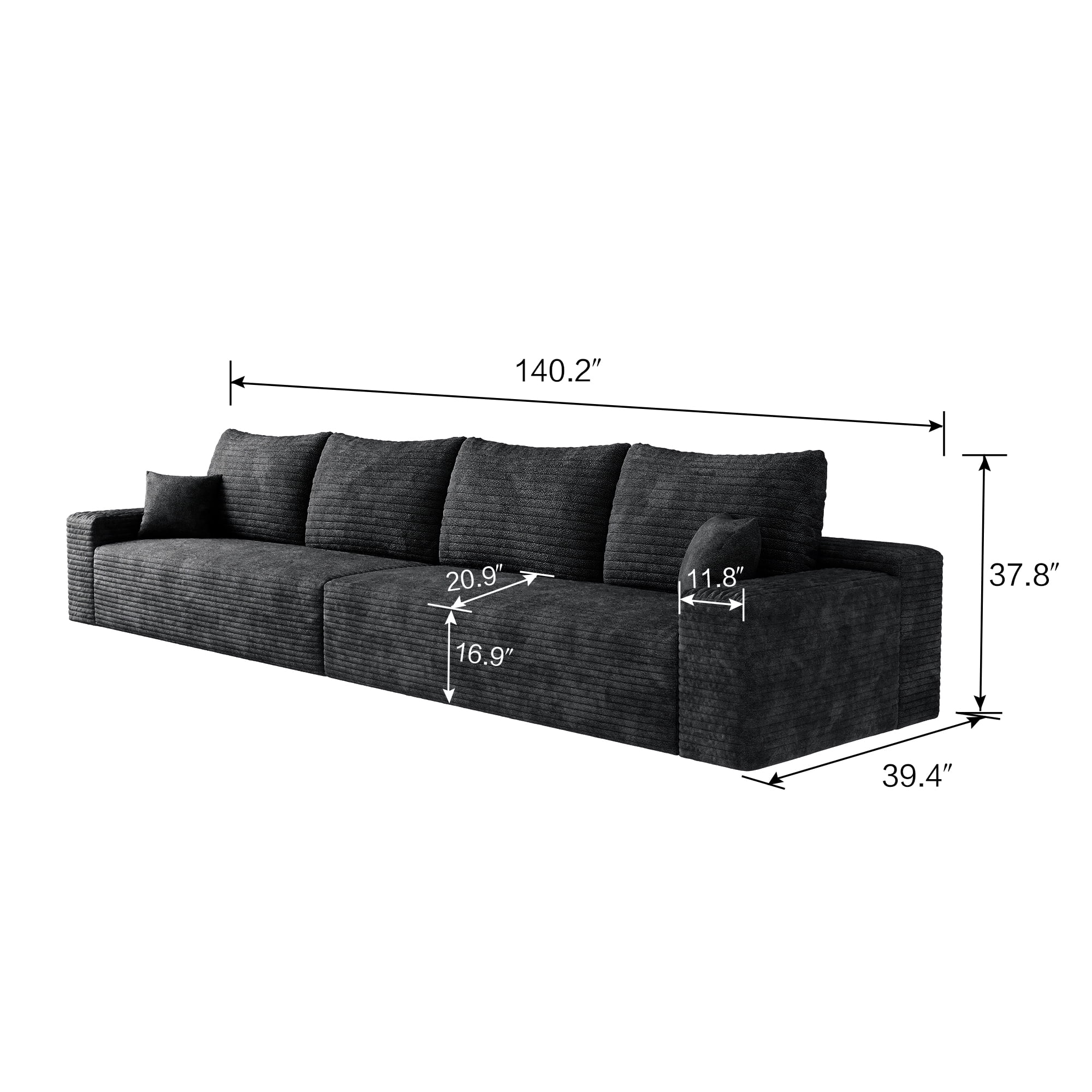 MAYEERTY 140" Cloud Sectional Couch, Modern Modular Deep Seat Sofa, No Assembly Plush Corduroy Fabric, Black (2 packages)