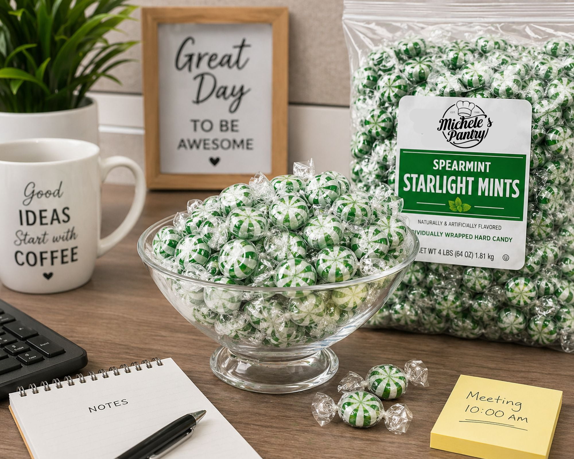 Michele’s Pantry Spearmint Starlight Mints Hard Candy, 4 lb Bulk Bag, Individually Wrapped Refreshing Mint Candy