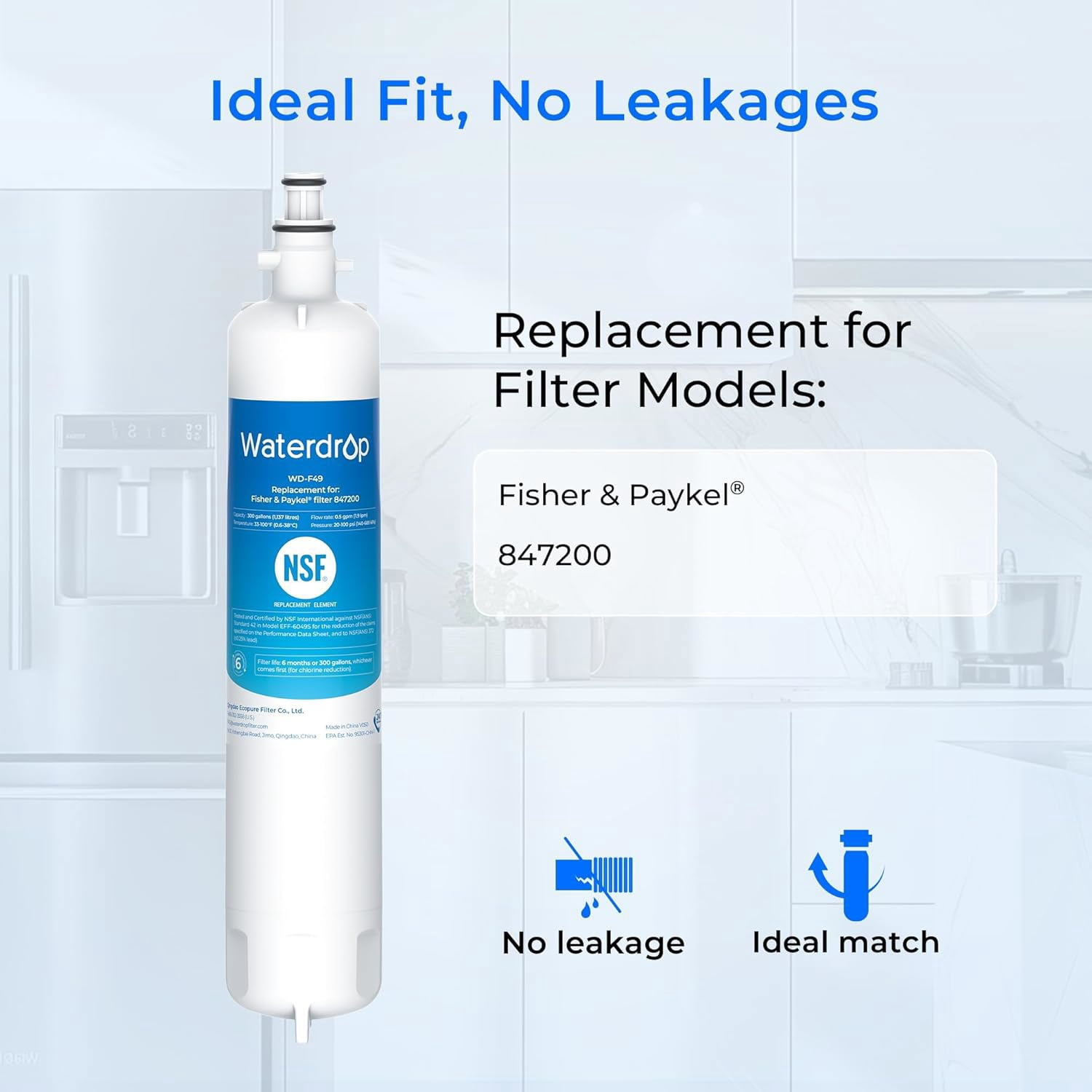 Waterdrop 847200 Refrigerator Water Filter Replacement for Fisher & Paykel® Water Filter 847200, 3 Filters