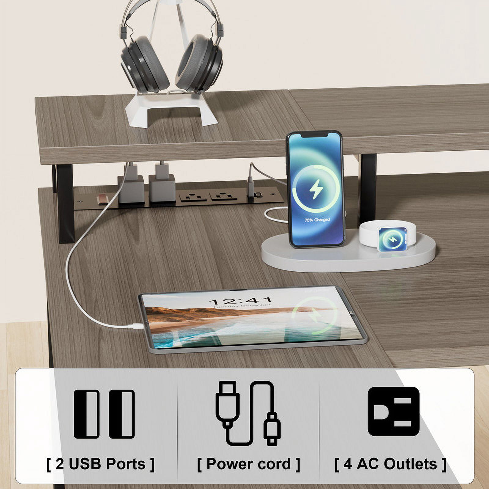 Vineego Reversible L-Shaped Desk with LED with Power Outlets and Shelves,Gray